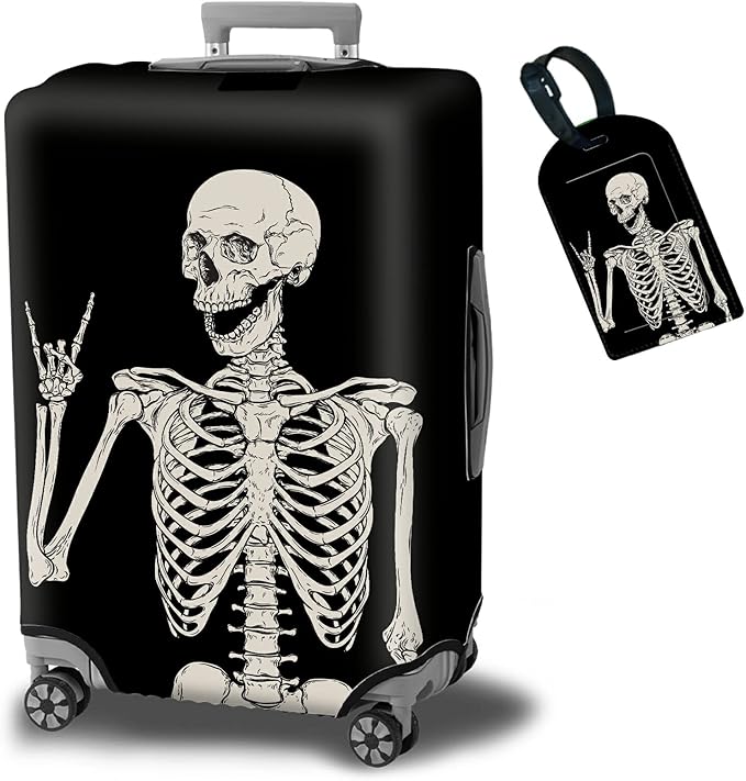 Luggage Cover Plus - Suitcase Protector with Rock Skull Travel Design, XL Size (29-30 Inch), Dustproof, Anti-Scratch, Washable Elastic Cloth, Concealed Zipper, Includes Luggage Tag