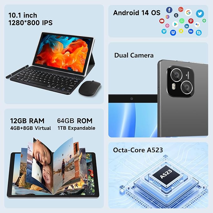 Tablet, Android 14 Tablet with 12GB (4+8) RAM 128GB ROM, Octa-Core Processor Tablets with Keyboard, Mouse, 10.1 Inch 1280 * 800 IPS Touch Screen, Dual Camera, WiFi 6, BT 5.4, 6000mAh Battery