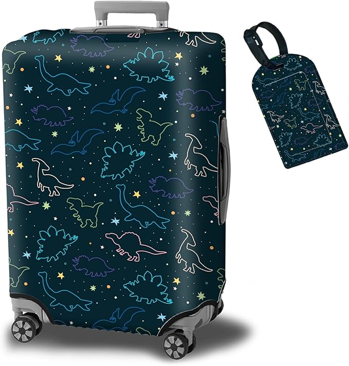 Luggage Cover Suitcase Protector Plus 1 Luggage Tag, Dinosaurs Space Travel Suitcase Cover Suitable for 26-28 inch Luggage (L) with Concealed Zipper Washable Elastic Cloth Dustproof Anti-Scratch