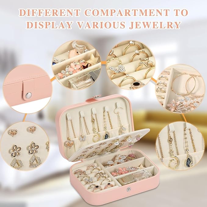 Travel Jewelry Box, PU leather Small Jewelry Organizer For Female Girls, double layer portable mini travel case for storing earrings, rings, necklaces.(pink 2pcs)