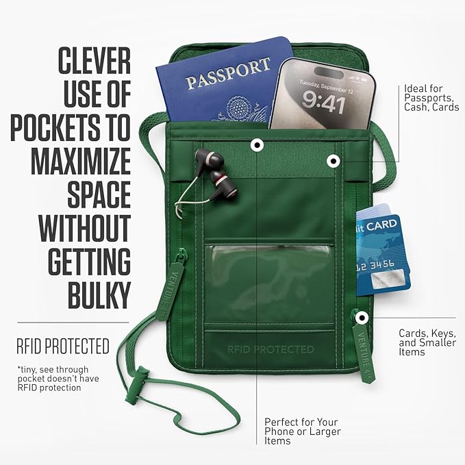 VENTURE 4TH Passport Holder Neck Wallet with RFID Blocking Nylon Lining - Hidden Neck Pouch for Travel (Sleek Army Green)