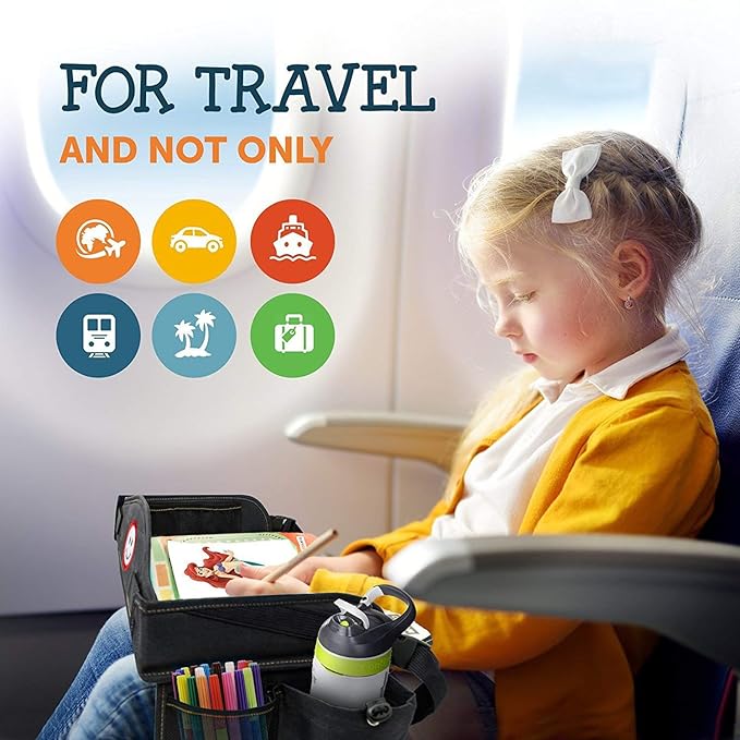 Coolmum Kids Travel Tray, Toddler Car Seat Tray, Double Sided Activity Organizer, Snack Lap Tray, Baby Stroller Table, Airplane Play Table, Waterproof and Foldable (Premium Black)