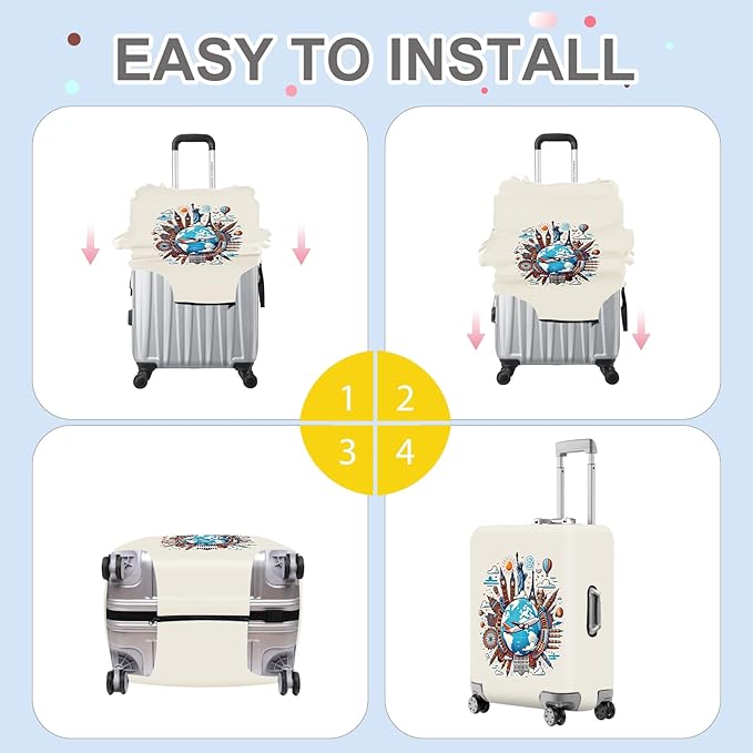 ANNA QUEEN Travel Around the World Luggage Cover, Colorful Landmark Suitcase Protector with Airplane & Globe Design, Stretchable, Washable Travel Sleeve for 28-30 Inch Luggage