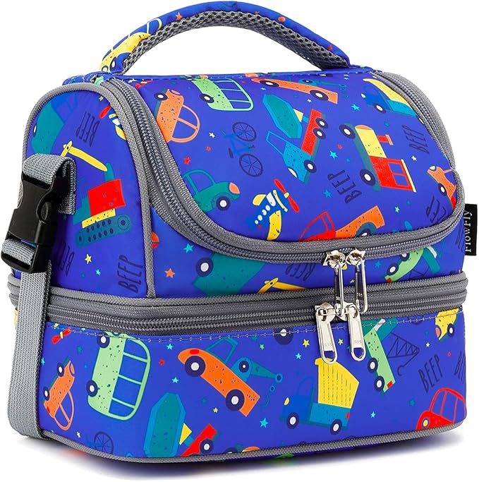 FlowFly Kids Double Decker Cooler Insulated Lunch Bag Large Tote for Boys, Girls, Men, Women, With Adjustable Strap, Car