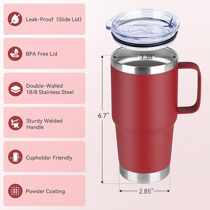 HASLE OUTFITTERS 20oz Tumbler Bulk with Lid, Stainless Steel Tumbler Bulk with Handle, Metal Insulated Travel Coffee Mug Set with Handle, Double Wall Vacuum Leak Proof Tumbler Cup, Red 6 Pack