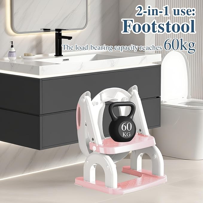 Potty Training Seat for Toddlers, Adjustable Height 2-in-1 Potty Training Toilet Ladder for Kids Boys Girls with Splash Guard, Waterproof Cushion, Anti-Slip Pad Step Stoo - Pink