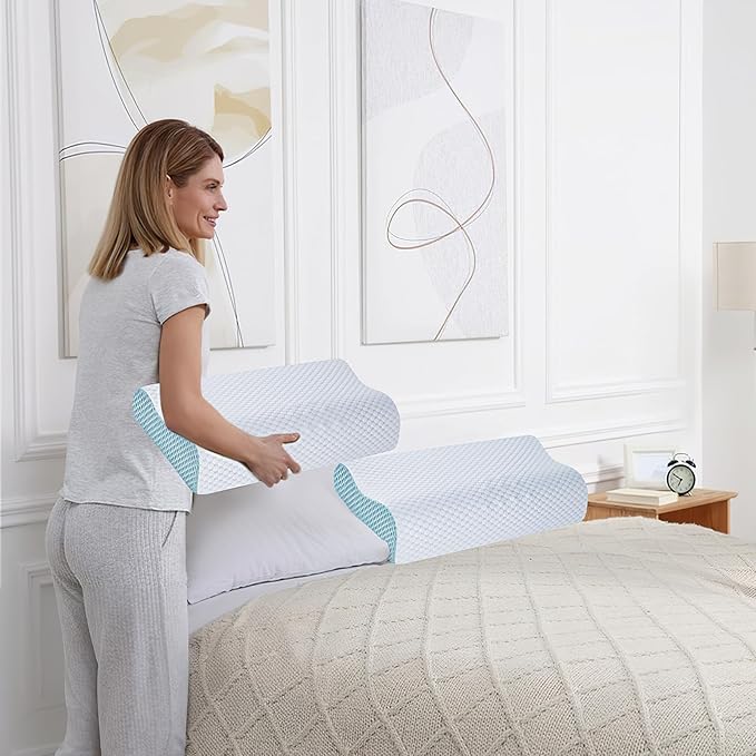 2 Pack Memory Foam Cooling Bed Pillows for Sleeping, Ergonomic Cervical Pillow for Neck and Shoulder Pain Relief, Adjustable Cold Pillow Set of 2,with Pillowcase（Blue）