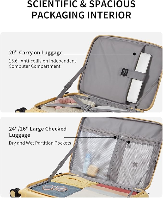 aji Expandable Top Opening 24 Inch Checked Luggage with Spinner Wheels, Large Suitcase with TSA Lock, Hard Shell Travel luggage Suitcases for Men Women, for 12+Days Travel, Cheese Yellow