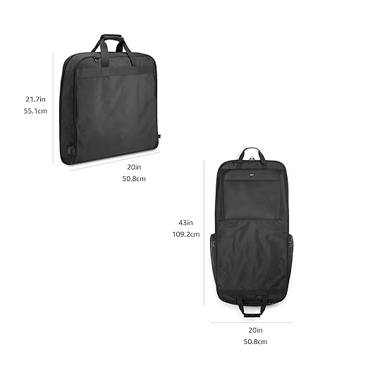 Amazon Basics 43" Premium Garment Bag for Travel, Suit Bag with Shoulder Strap for Suits and Dresses, 1680D Polyester Fabric, Exterior/Interior Pockets, Leather-reinforced Corners, Trifold, Black