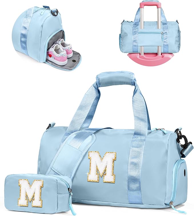 Gifts for 3 4 5 6 7 8 9 10 Year Old Girls-Girl Gym Bag with Shoe Compartment, Kid Personalized Weekender Overnight Bags, Initial Travel Tote with Makeup Pouch, Gift Ideas for Kids (Letter M)