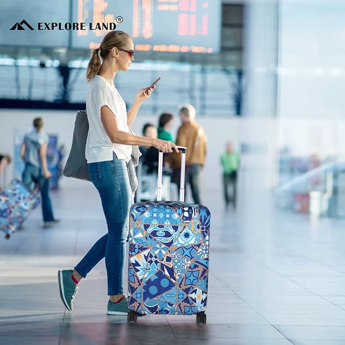 Explore Land Travel Luggage Cover Suitcase Protector Fits 18-22 Inch Case (Portuguese tiles, S)