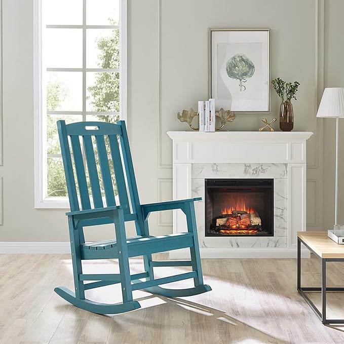 Psilvam Oversized Outdoor Rocking Chair, with 21" Wide Seat and 32" Tall Backrest, Pre-Assembled with Most Components for Effortless Installation (Blue)