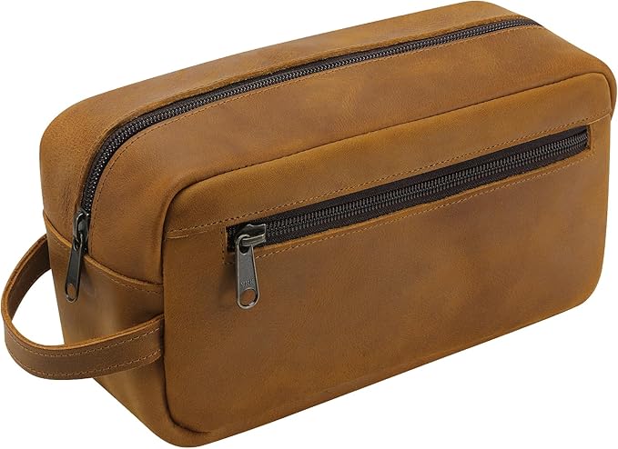 Ringsun Genuine Leather Toiletry Bag, Hanging Makeup Bag with Large Capacity for Women Men, Handcrafted Vintage Travel Toiletry Bag for Accessories, Shampoo, Full-size Container, Toiletries
