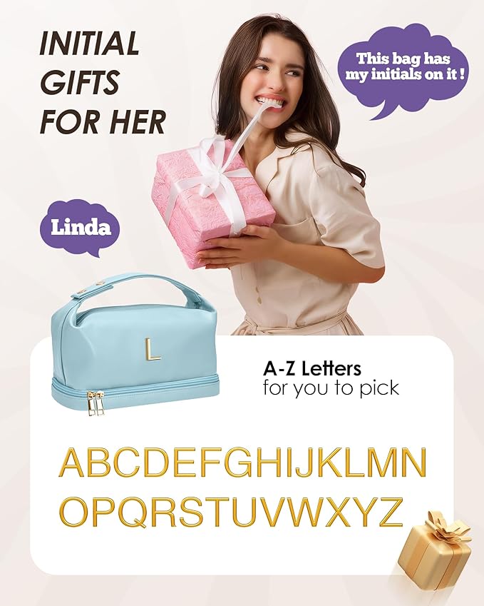 Gifts for Women - 30th 40th 50th 60th 70th Birthday Gifts, Personalized Makeup Bag with Handle, Initial Double Layer Cosmetic Bag with Makeup Brush Organizer, Gifts for Friends Female