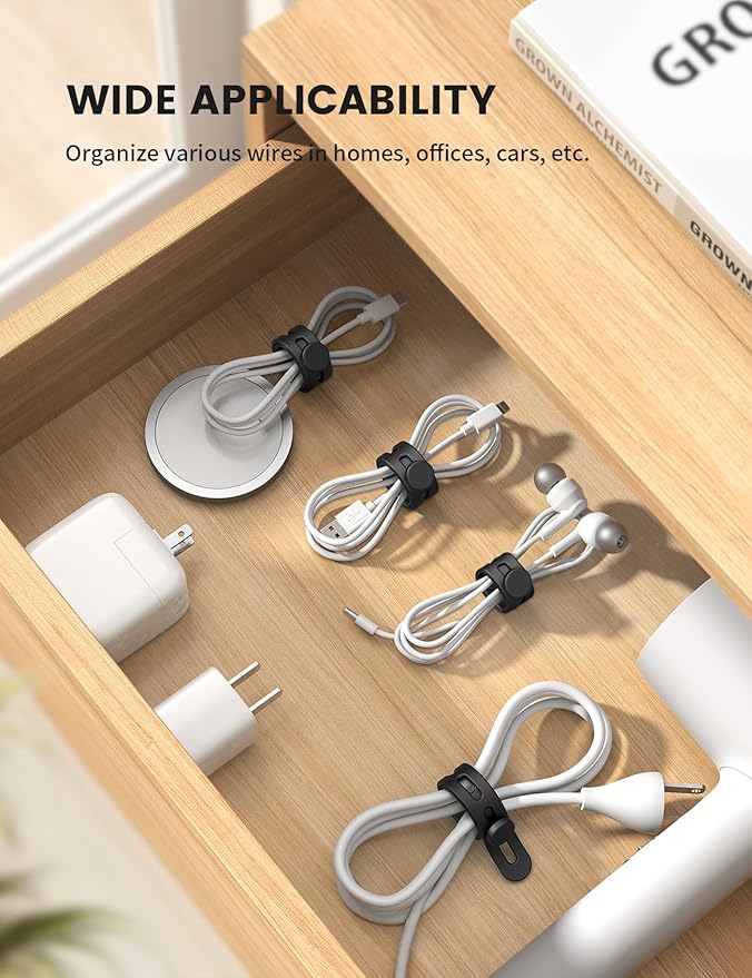 10Pack Silicone Cable Ties Cord Organizer Wrap - Lamicall Durable Reusable Wire Management with Lock Buckle, Elastic Charger Cable Strap Ties, Electrical Cord Keeper for Travel, Home Accessories
