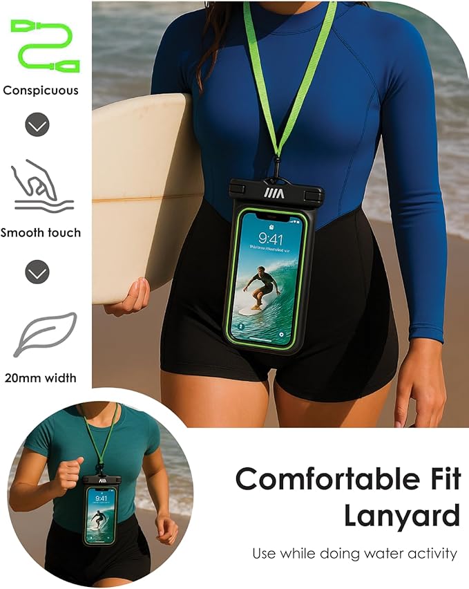 【2025 Upgraded】 2 Pack Black - IP68 Waterproof Phone Pouch Floating Design No Sink Waterproof Phone Case - Beach Pool Travel Essentials - Works w/All Phones - Detachable Lanyard - Black/Hi-Vis Green