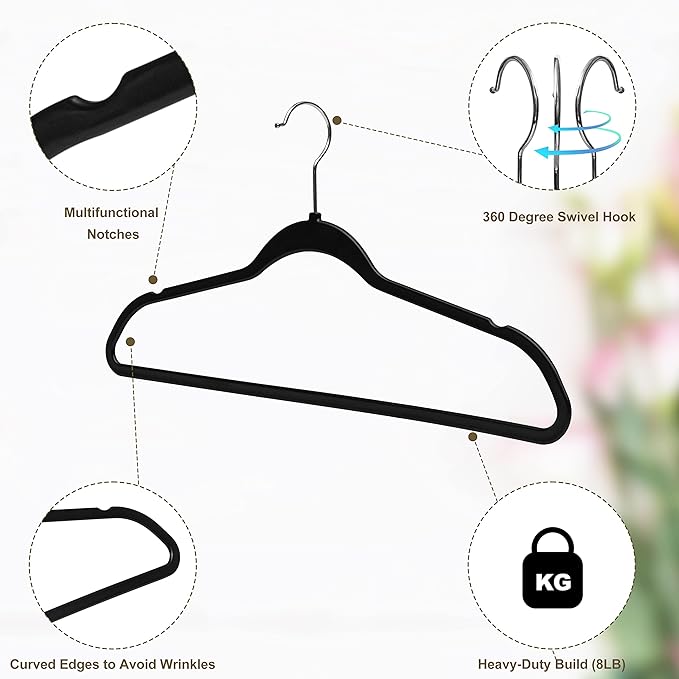 Quality Hangers 50 Pack Slim Plastic Hangers for Clothes - Heavy Duty Non-Velvet Black Hangers with 360° Swivel Chrome Hook & Non Slip Notches - Ideal for Dresses Coats Shirts Jackets & More - Black