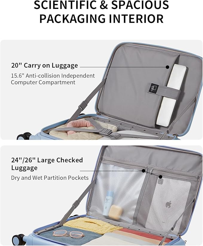 aji Expandable Top Open Carry On Luggage 22x14x9 Airline Approved, 20 Inch Hard Shell Carry On Suitcase with Spinner Wheels,Travel Small Luggage for Women Men,Blueberry Blue