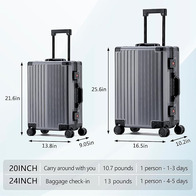 YYW Aluminum Carry-On Luggage Airline Approved Lightweight Suitcase with TSA Lock and Silent Wheels, Hardshell Spinner Business Travel (Gunmetal gray, 20in)
