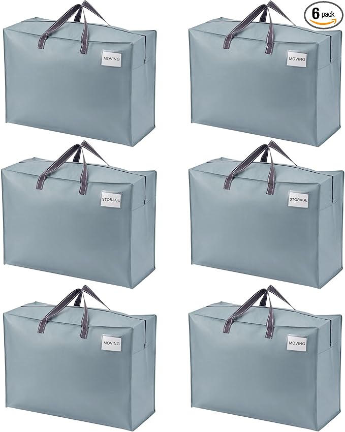 VENO 6 Pack Heavy Duty Moving Bags, Storage Bags, Packing Supplies, Top Zipper, Storage Totes for Camping, Clothes, Bedding, Comforters, Pillows (27 Gallon Light Blue, 6 Pack)