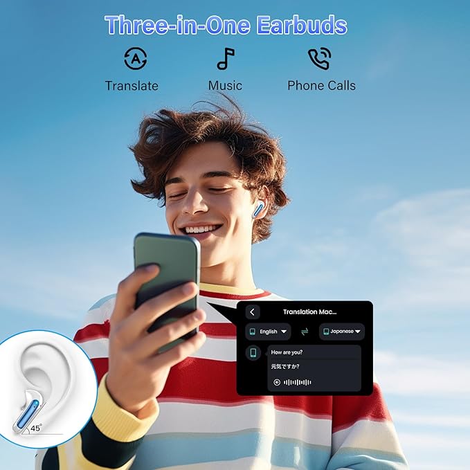 AI Translation Earbuds Real Time with Audio and Video Calls, 164 Language/7 Translation Modes Translator Earbuds Bluetooth 5.4 with APP, 48H AI Ear Buds Translator Device for Business/Learning/Travel