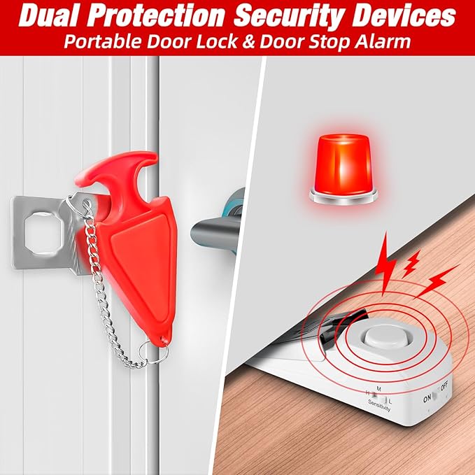 Portable Door Stop Alarm and Traveling Hotel Door Lock, No Installation Required, Provides Double Security for Home, Hotel and Traveling (2 Door Lock + 2 Door Stop)