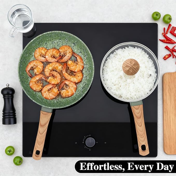 Nonstick Cookware Set, 2-Piece Non-Toxic Coated 8.5 Inch Frying Pan & Saucepan with Lid, PFOA Free Dishwasher Safe, Induction Compatible, Beginner Kitchen Pots and Pans Set, Green