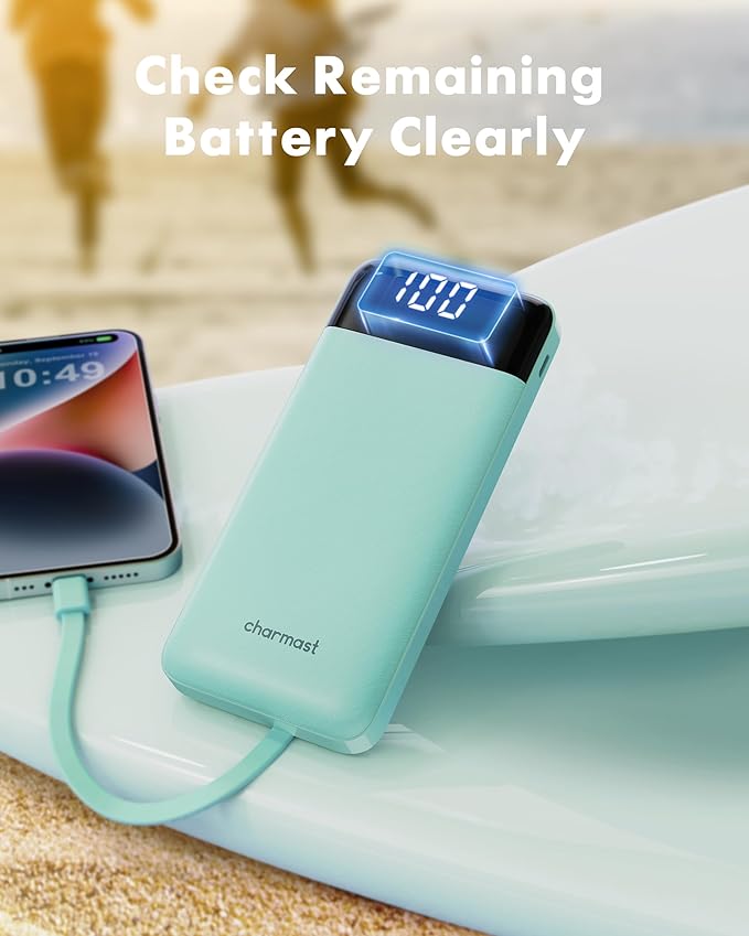 charmast Portable Charger with Built in Cables, Power Bank with Cords Wires, Slim 10000mAh Travel Battery Pack 6 Outputs 3 Inputs 3A Fast Charging for Samsung Google Pixel LG Moto iPhone iPad