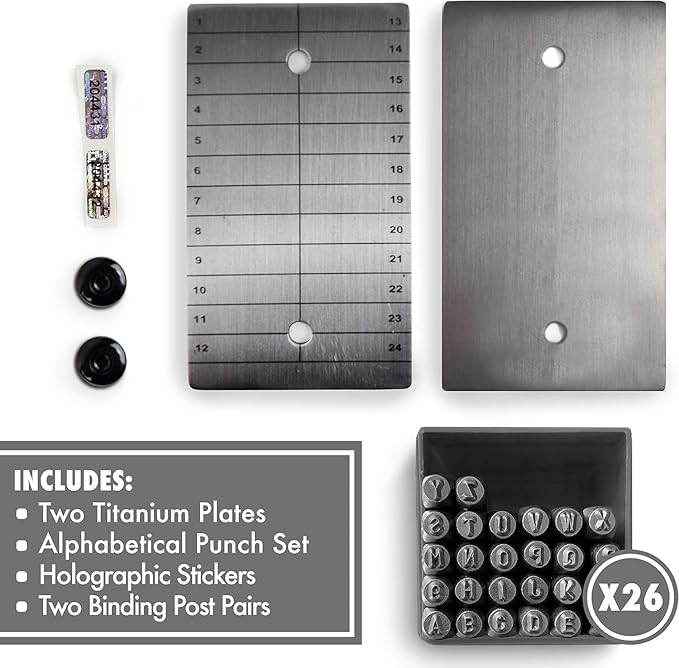 ColdTi - Titanium Bitcoin Seed Plates for Ultra-Secure Crypto Seed Phrase Storage (2 Plates, Punch Set & Seals) - Premium Seed Phrase Metal - Alphabetic Punch Set Included