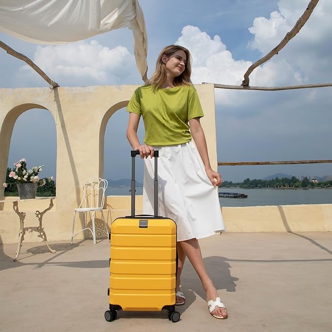 KROSER Hardside Expandable Carry On Luggage with Spinner Wheels & Built-in TSA Lock, Durable Suitcase Rolling Luggage with USB Port, Carry-On 20-Inch Yellow