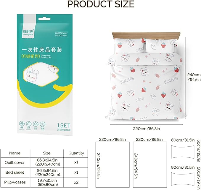 YOUNGTIME Disposable Bed Sheets, Quilt Cover and Pillow case Set for Hotel and Travel,Portable Ready to use Bedding Set Travel 4-Piece Double,Rabbit,4 Pack