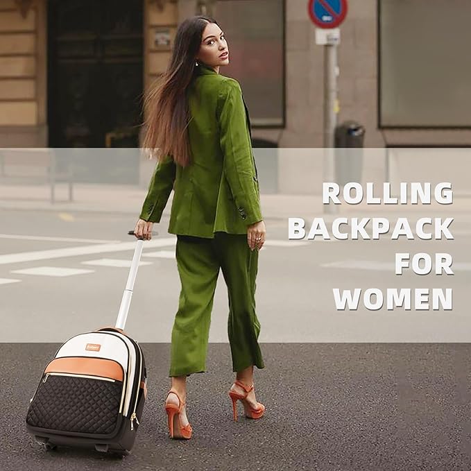 Small Rolling Backpack for Women, Lightweight Travel Backpack with Wheels, Roller Backpacks for Adults, Water Resistant Rolling Laptop Bag, Wheeled Underseat Carry On Luggage, Beige Brown