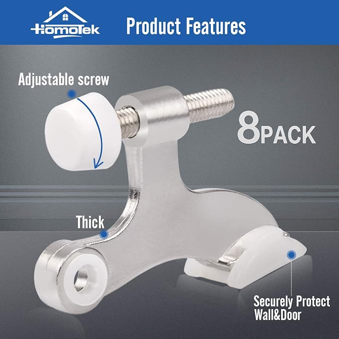 HOMOTEK 8 Pack Hinge Pin Satin Nickel Door Stopper,Adjustable Deluxe Heavy Duty Door Stopper 2-1/2"x1-3/4,with White Rubber Bumper Tips