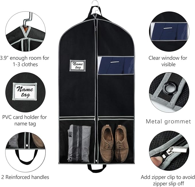 Zilink Garment Bags Suit Bag for Travel and Storage 43 inches Gusseted Suit Cover Protector for Closet with 2 Large Pockets and 2 Carry Handles for Suit Coat, Dress, Set of 2