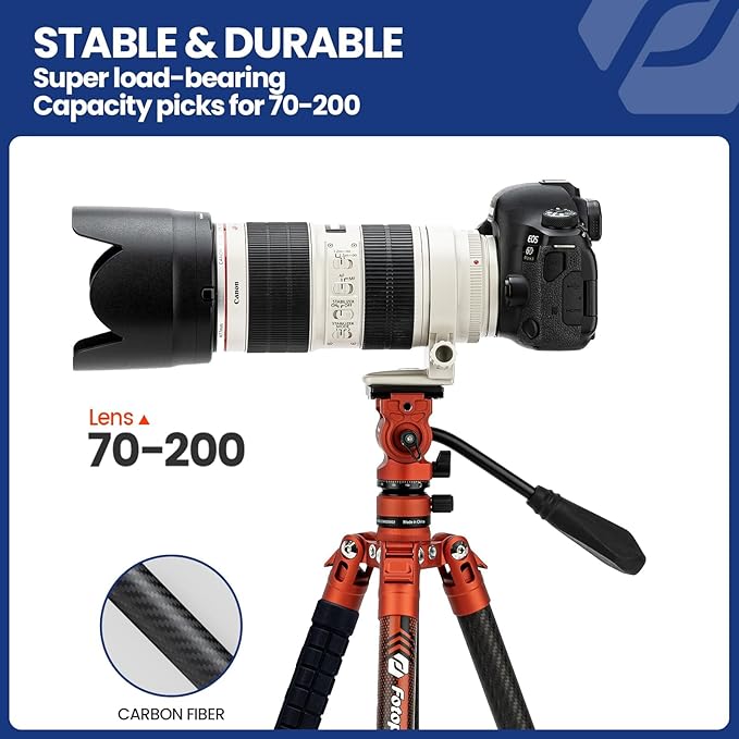 Fotopro 62 Inch Carbon Fiber Tripod 2.3lbs Ultralight Portable Travel Video Tripod for Camera DSLR Lightweight Load up to 22lbs X-Aircross 3 Video Orange