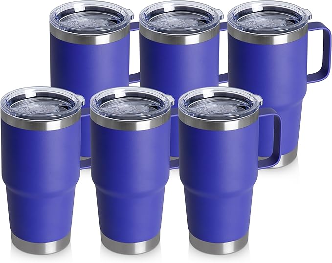 HASLE OUTFITTERS 20oz Tumbler Bulk with Lid, Stainless Steel Tumbler Bulk with Handle, Metal Insulated Travel Coffee Mug Set with Handle, Double Wall Vacuum Leak Proof Tumbler Cup, Blue 6 Pack