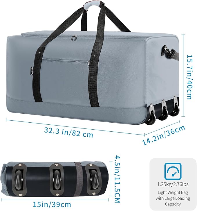 Finnhomy 120L Foldable Rolling Duffel Bag with 3 Wheels, Light Weight Travel Duffel bag with Large Loading Capacity, 32 inch Rolling Duffel bag with Shoulder Strap for Travel Camping Sports