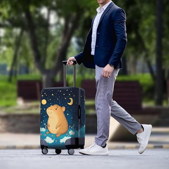 Capybara Suitcase Cover Cute Luggage Cover Protector Invisible Zipper Closure Travel Luggage Protector Fit 18-21 Inch Anti-Scratch Stretchable Suitcase Protector, Moon and Star