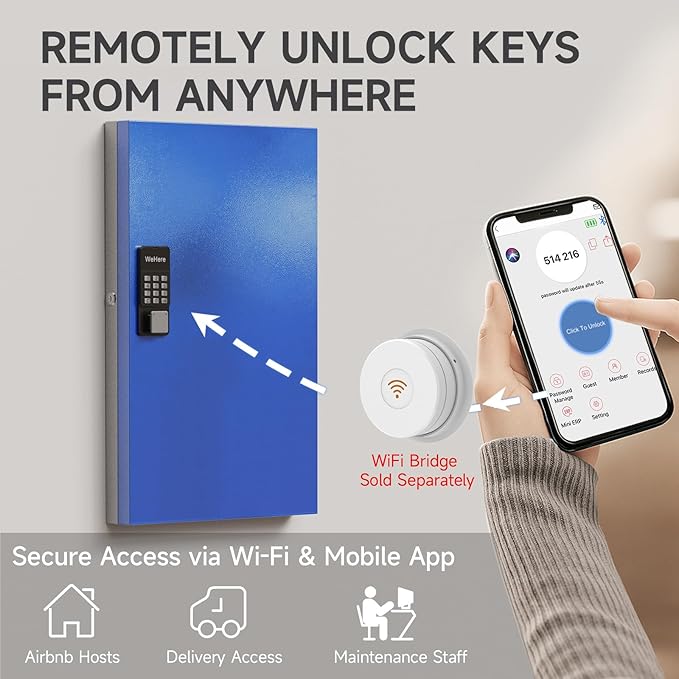 WeHere 96 Key Lock Box Wall Mount, APP Bluetooth/Wi-Fi Remote/One Time Password Share/Fixed Code Unlock, Smart Cabinet, Organizer for Apartment, Hotel, Office, Real Estate Management