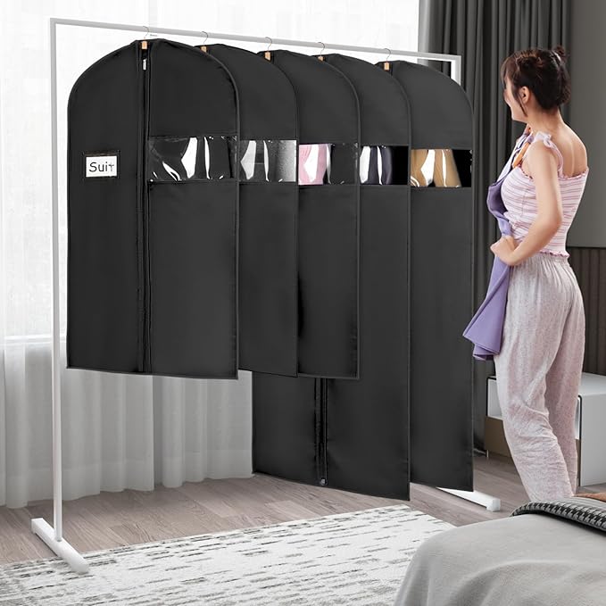Syeeiex 60'' Garment Bags for Hanging Clothes, Set of 8 Dress Bags for Gowns, Dress Garment Bags for Gowns, Evening Dresses, Fur Coat, Long Dress(Black)