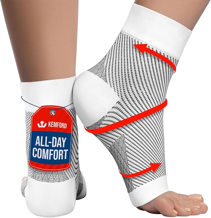 KEMFORD Ankle Compression Sleeve - Plantar Fasciitis Braces - Open Toe Compression Socks for Swelling, Sprain, Neuropathy, Foot Arch Support for Men and Women - 20-30mmhg, L, White and Black