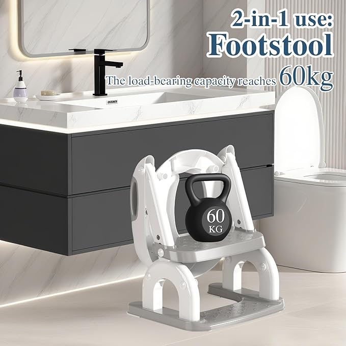 Potty Training Seat for Toddlers, Adjustable Height 2-in-1 Potty Training Toilet Ladder for Kids Boys Girls with Splash Guard, Waterproof Cushion, Anti-Slip Pad Step Stoo - Grey
