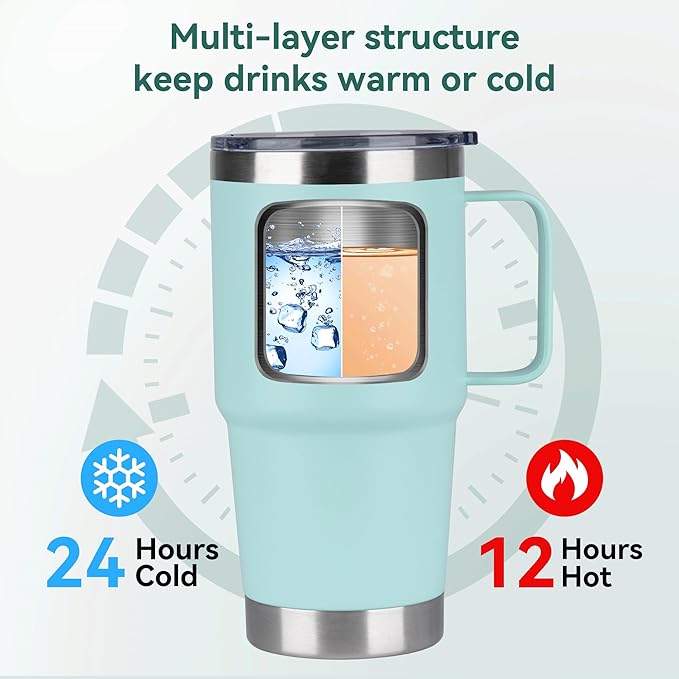 HASLE OUTFITTERS 20oz Tumbler with Lid, Stainless Steel Tumbler with Handle, Metal Insulated Travel Coffee Mug with Handle, Double Wall Vacuum Spill Proof Tumbler Cup, Mint Green 1 Pack