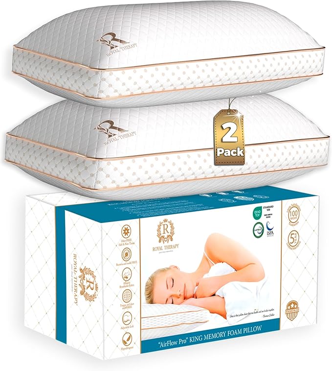 Royal Therapy Queen Memory Foam Pillows 2-Pack - Shredded Memory Foam Pillow for All Sleep Positions - Medium Firm Pillow with Adjustable Loft, Bamboo Rayon Cover, CertiPUR-US, Oeko-TEX Certified