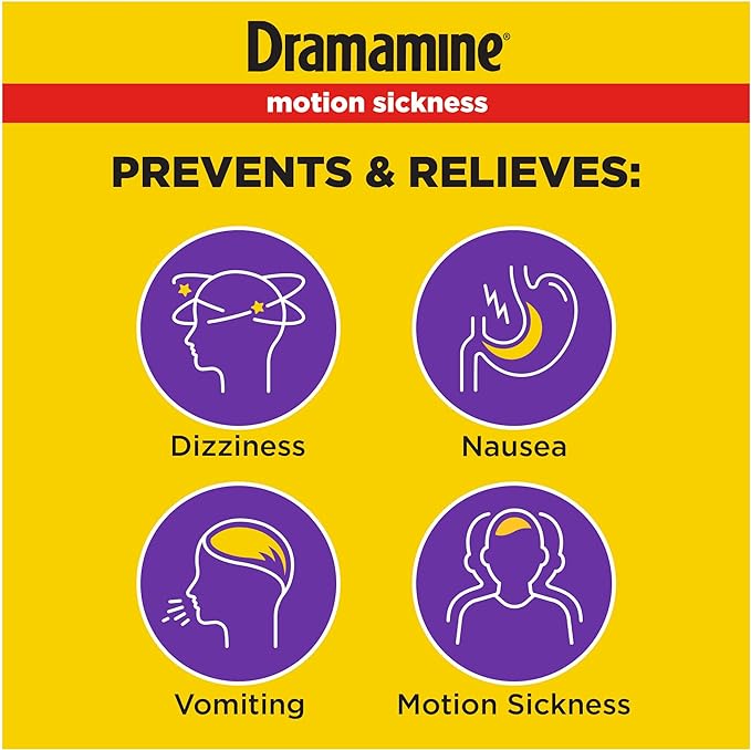 Dramamine Motion Sickness Less Drowsy, Chewables for Nausea Relief During Travel, Raspberry Cream Flavor, 12 Count