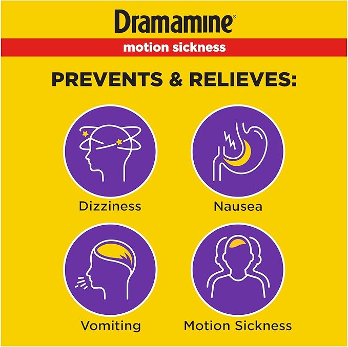 Dramamine Chewable Less Drowsy, Motion Sickness Relief, Raspberry Cream Flavor, 12 Count, 2 Pack