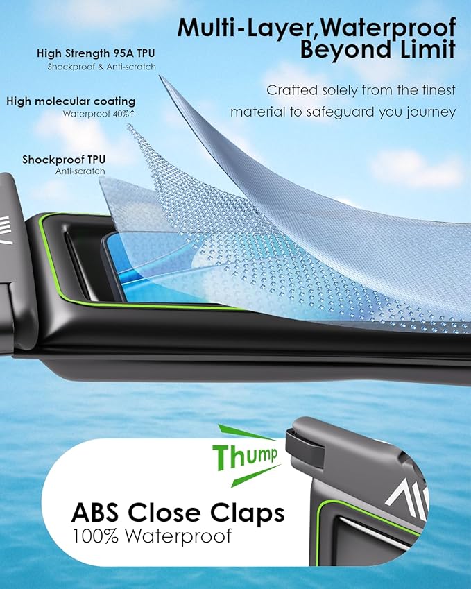 【2025 Upgraded】 8 Pack Black - IP68 Waterproof Phone Pouch Floating Design No Sink Waterproof Phone Case - Beach Pool Travel Essentials - Works w/All Phones - Detachable Lanyard - Black/Hi-Vis Green