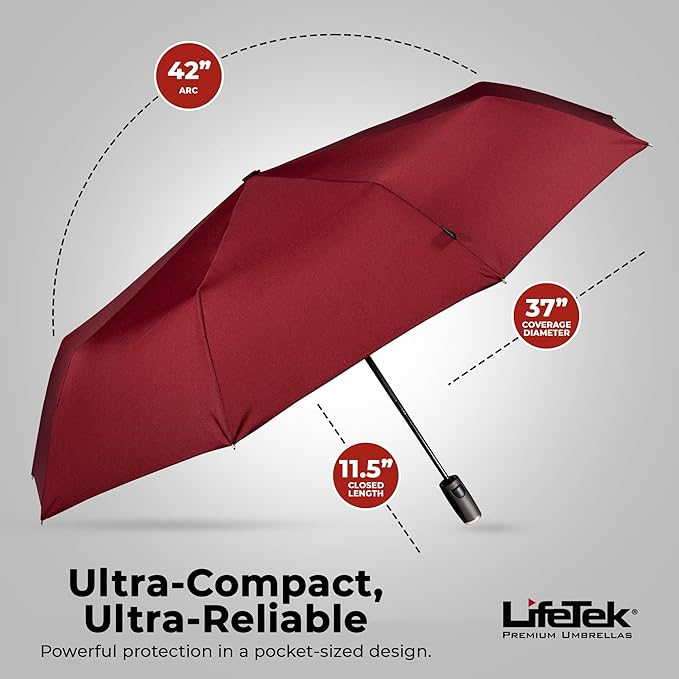 LifeTek Premium Travel Umbrella - Windproof & Compact for Men & Women, Automatic Open Close, Fits in Purse Laptop Bag or Backpack, Strong Frame for Heavy Rain & Sun UV Protection
