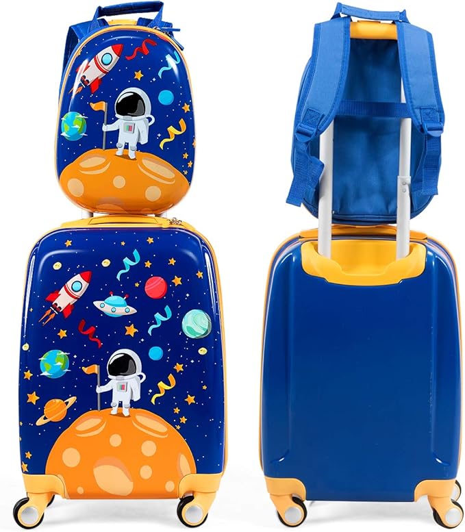 HONEY JOY Kids Luggage, 12" Toddler Backpack & 18" Travel Suitcase with Wheels, Lightweight Toddler Suitcase, Durable ABS Hardshell, 2Pcs Carry On Luggage Set for Boys Girls, Blue Astronaut