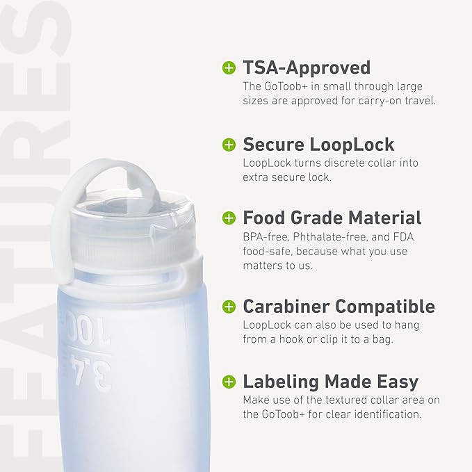 humangear GoToob+ 3-Pack (Small) | Refillable Silicone Travel Bottle | Locking Lid | Food-Safe Material, Clear/Green/Blue, Small (1.7 fl.oz; 53ml)